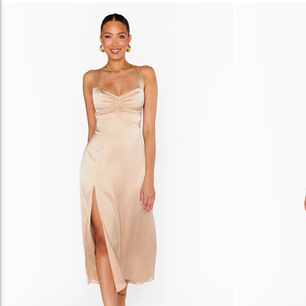 Show Me Your MuMu Satin Cross Back Mina Midi Dress in Champagne Size Small